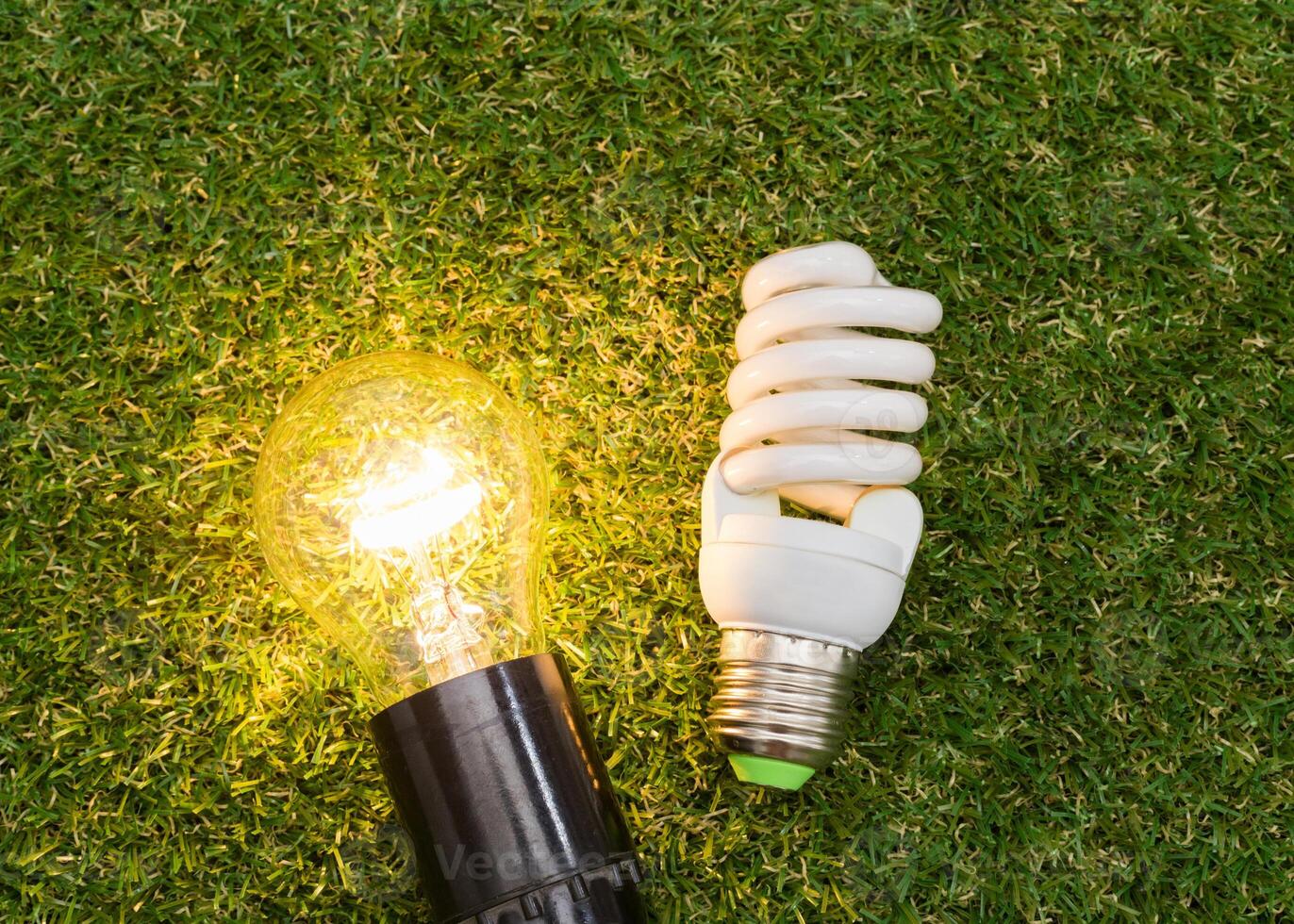 Light bulb in the grass. Saving energy concept photo