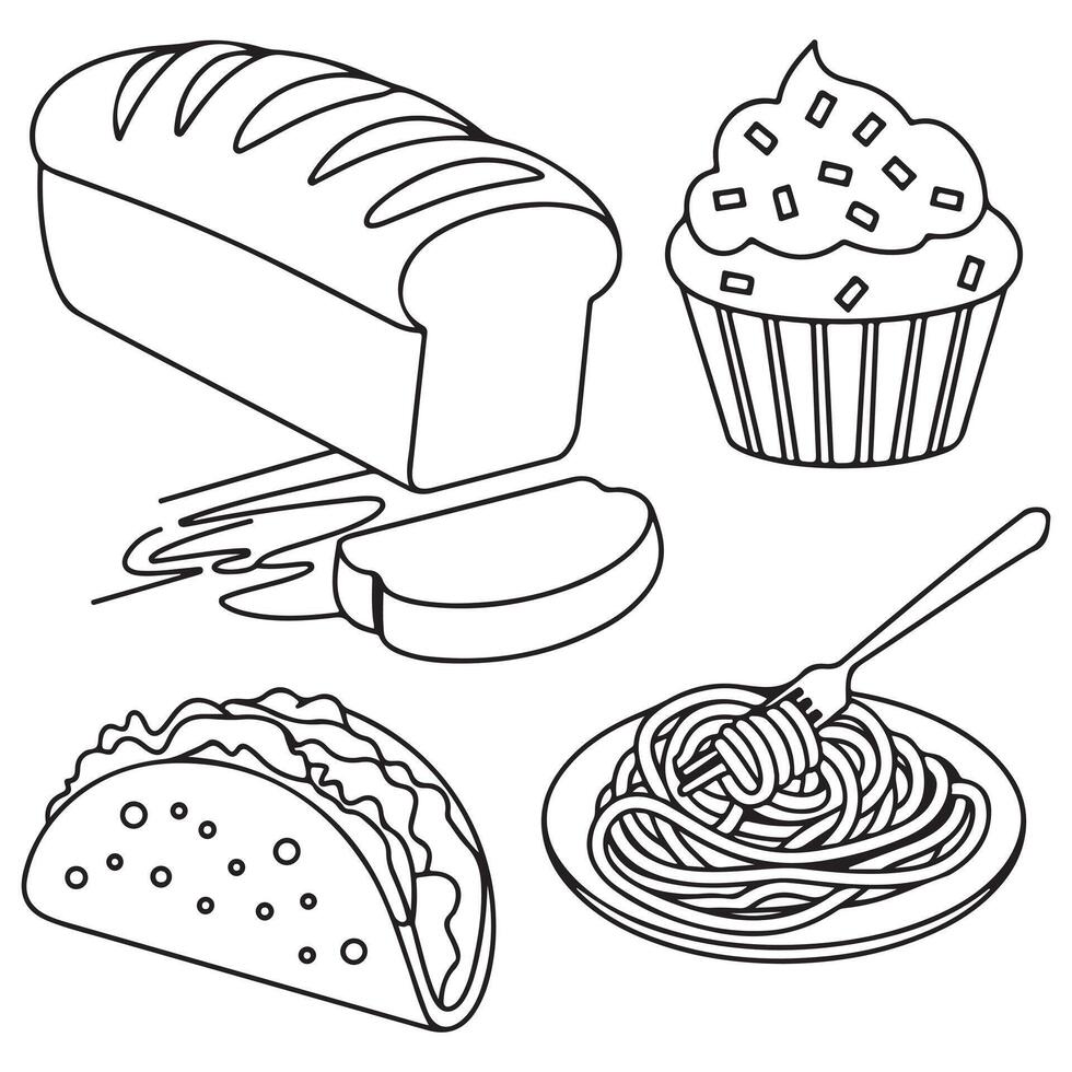 Bread Cupcake Taco and Noodle Coloring Page for Kids vector