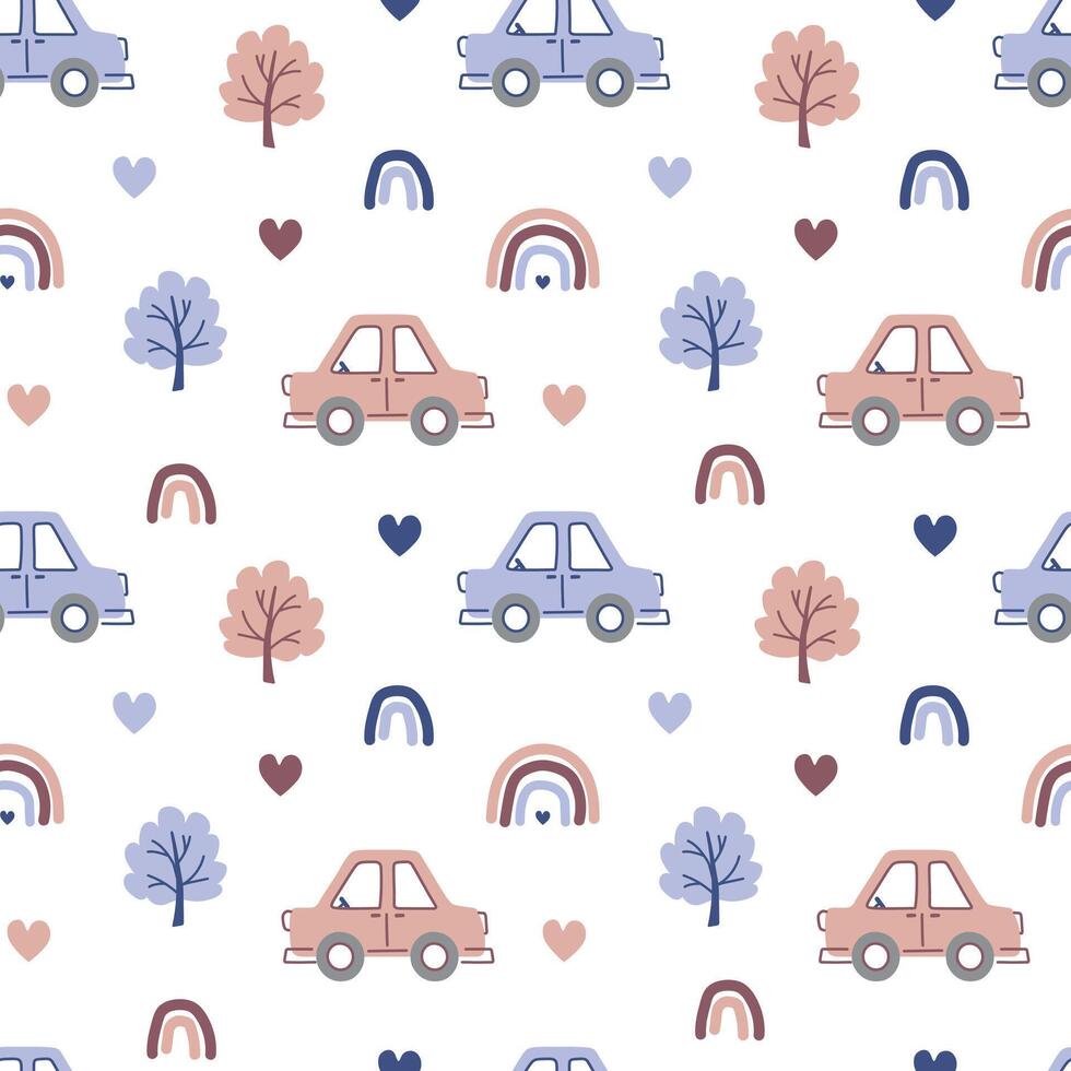 Seamless pattern with cars for children on a white background. Ideal for wrapping paper, childrens prints, bed linen. illustration vector