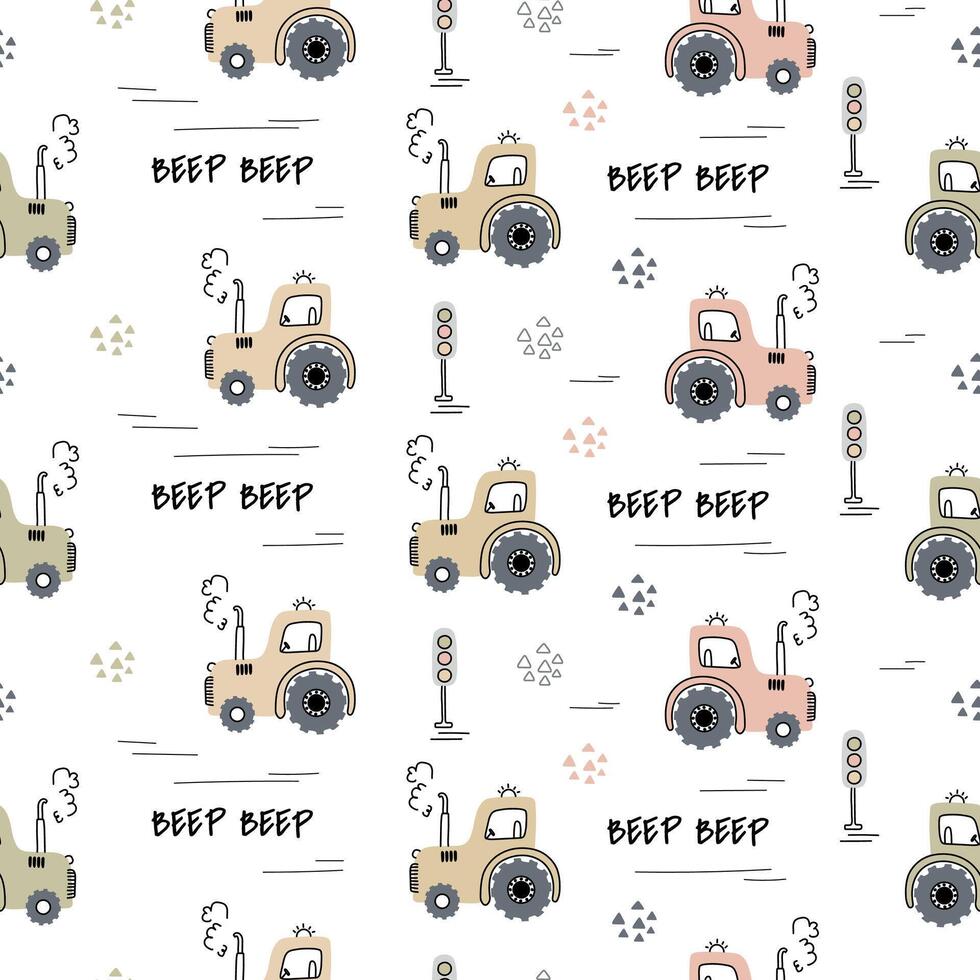 Seamless pattern with tractors for children in pastel colors. Ideal for wrapping paper, children's prints, bed linen. illustration vector