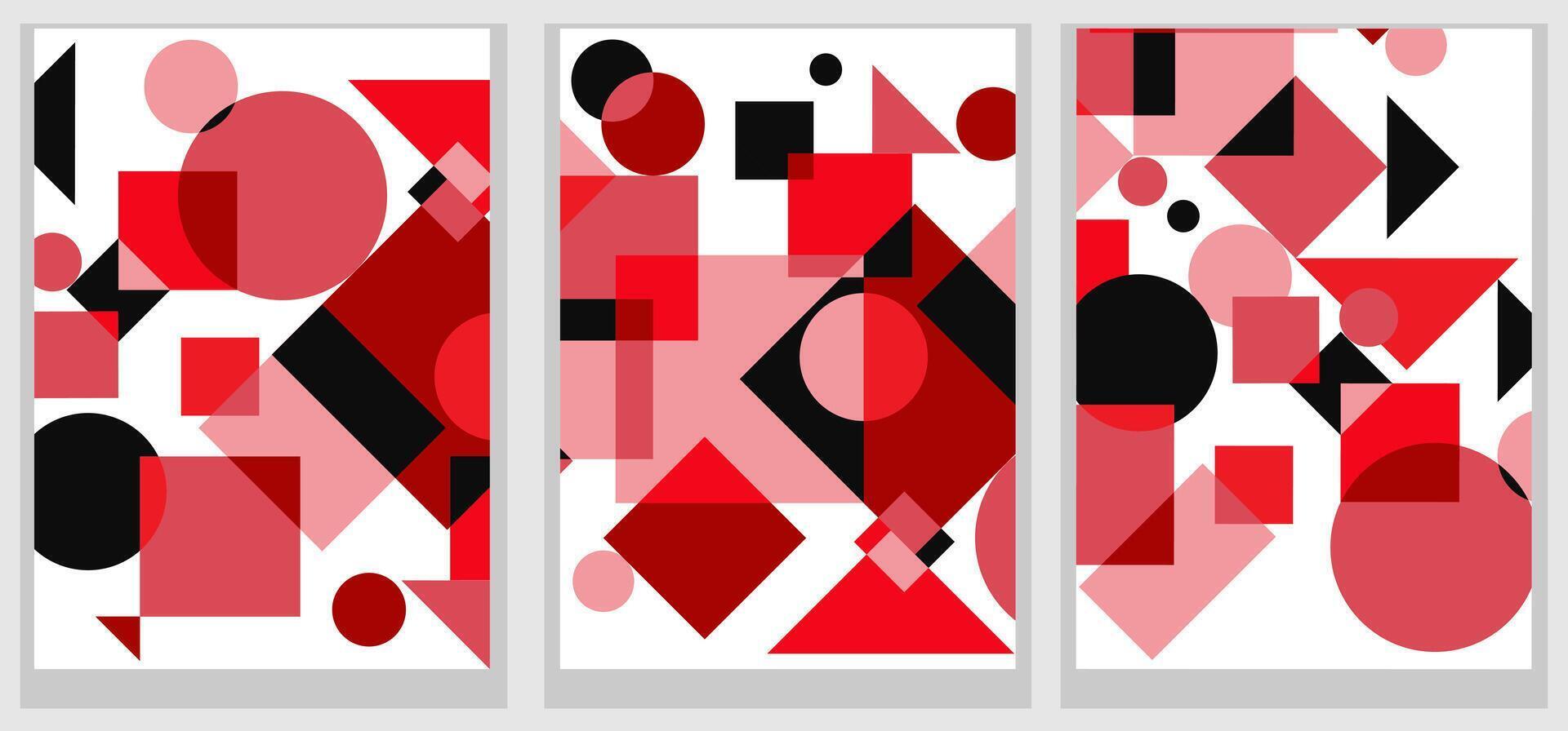Modern Bauhaus style abstract geometric artwork featuring overlapping red, black, and pink shapes, including circles, squares, and triangles on a white background vector