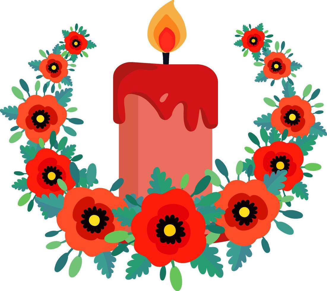 Illustration isolated red lighted memory candle, red poppies with leaves, wreath, memorial day, remember sympathize grieve honor, web design decoration vector