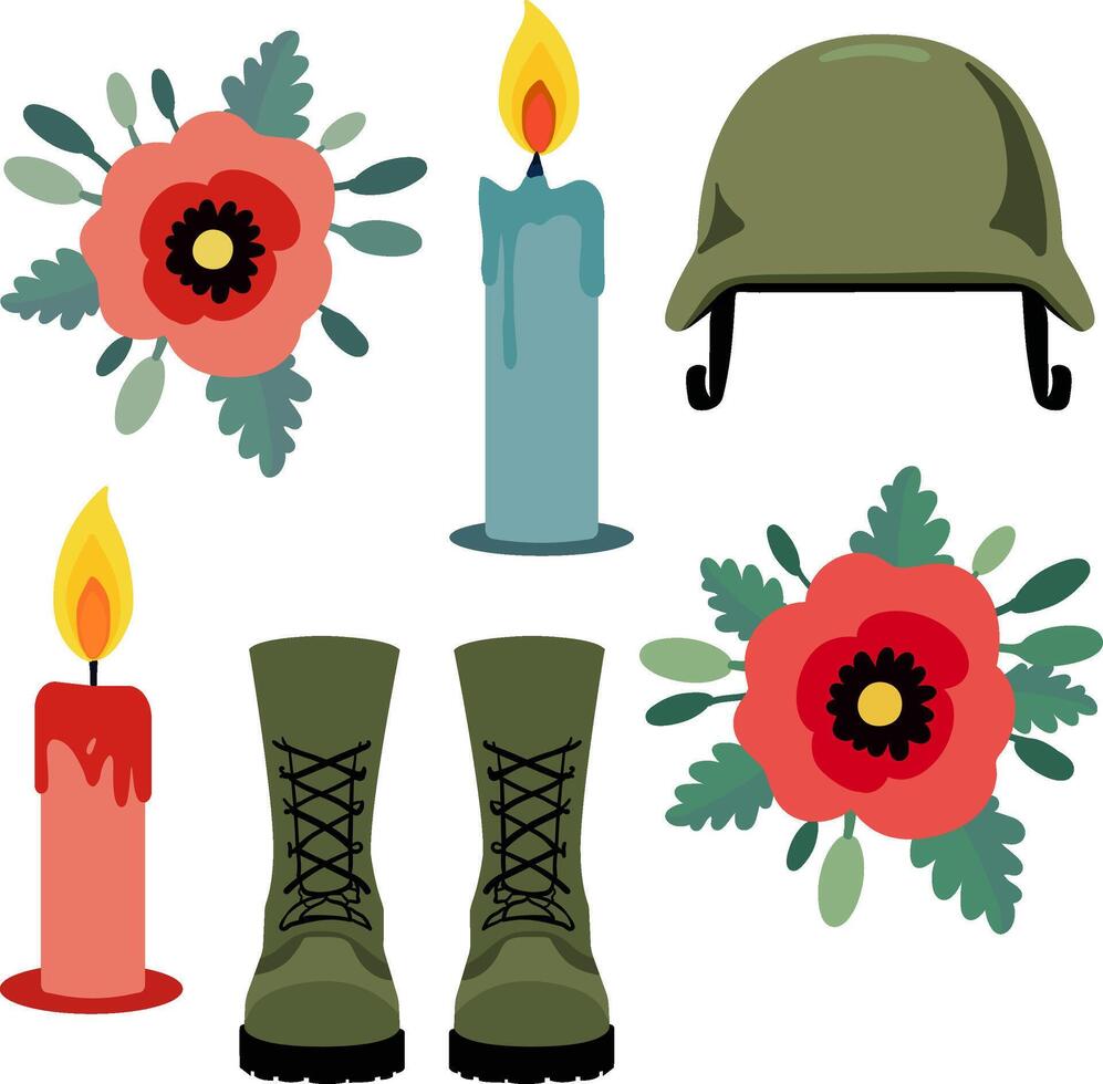 pastel elements for may 26th memorial day military symbols of honor with helmet, boots, burning candles and red poppies in memory of fallen soldiers veterans, sticker design illustration vector