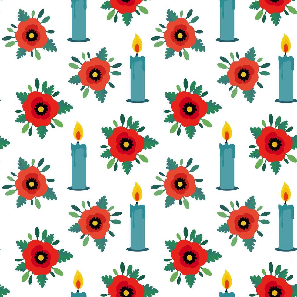 Seamless pattern for Memorial Day pastel colors floral poppies burning candles symbolizing honor memory and tribute to fallen soldiers veterans design white background vector