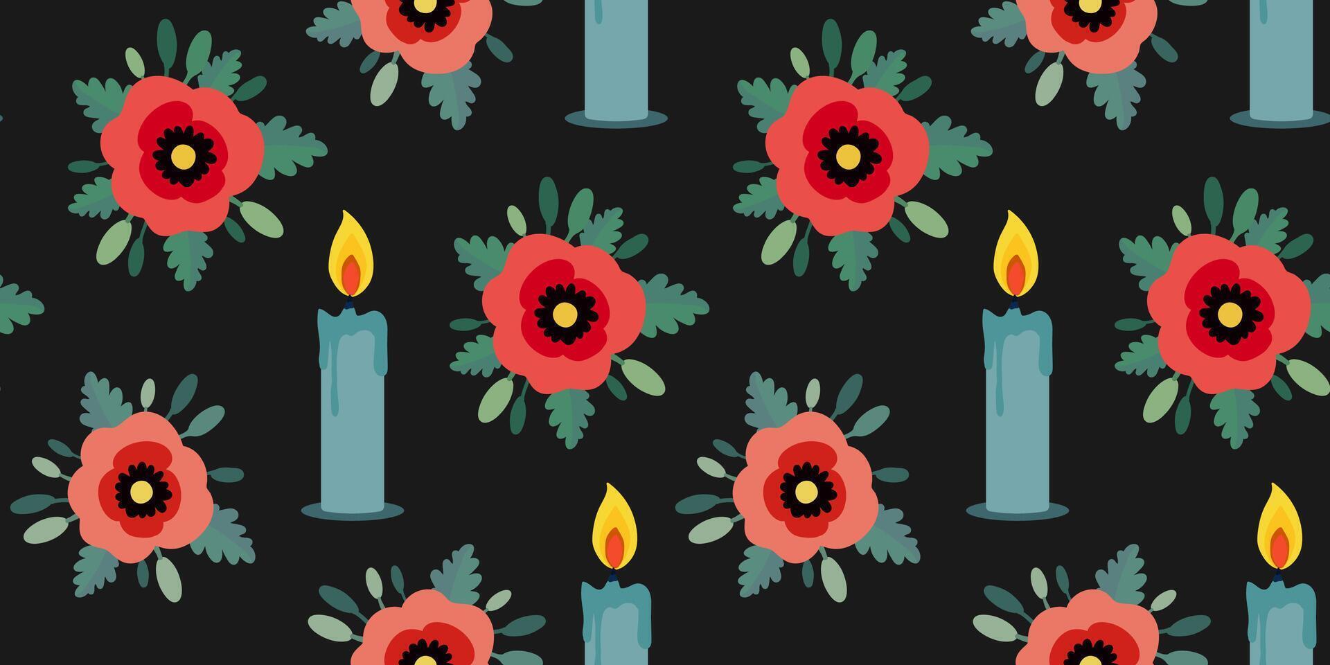 Seamless dark pattern memorial day pastel colors floral poppies burning candles symbolizing honor, memory and tribute to fallen soldiers veterans design black background vector
