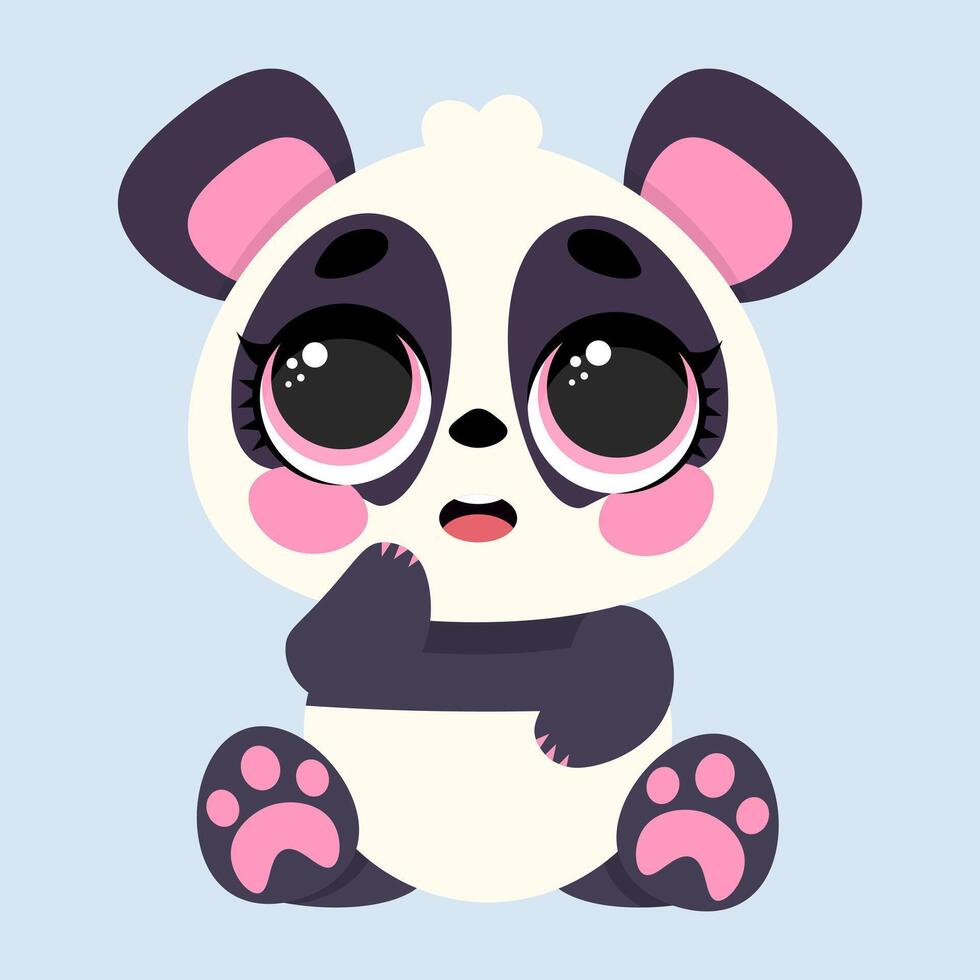 Adorable baby panda with big sparkling eyes and a surprised expression, sitting on a light blue background vector