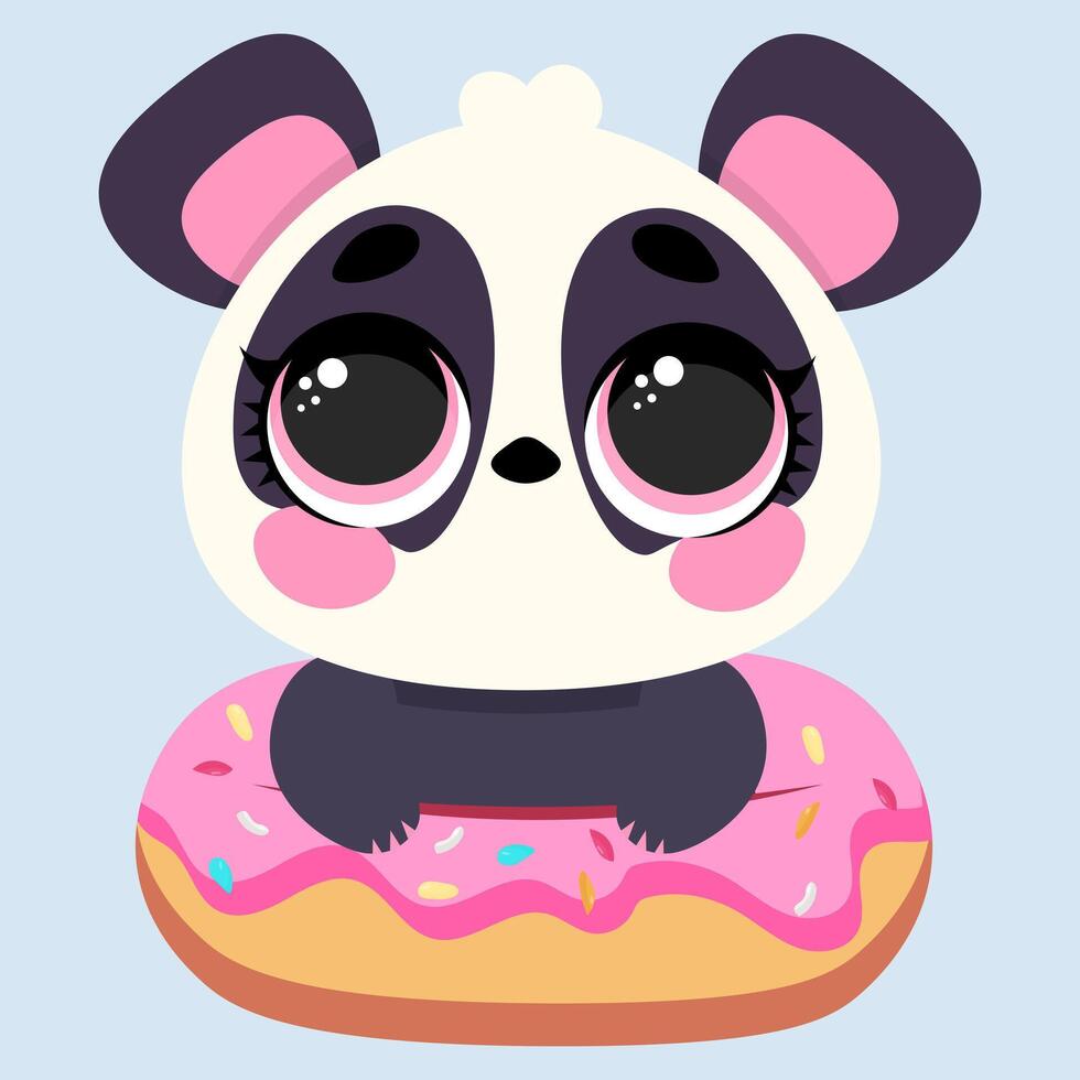 Adorable baby panda sitting in a pink frosted donut with sprinkles, gazing with big sparkling eyes vector