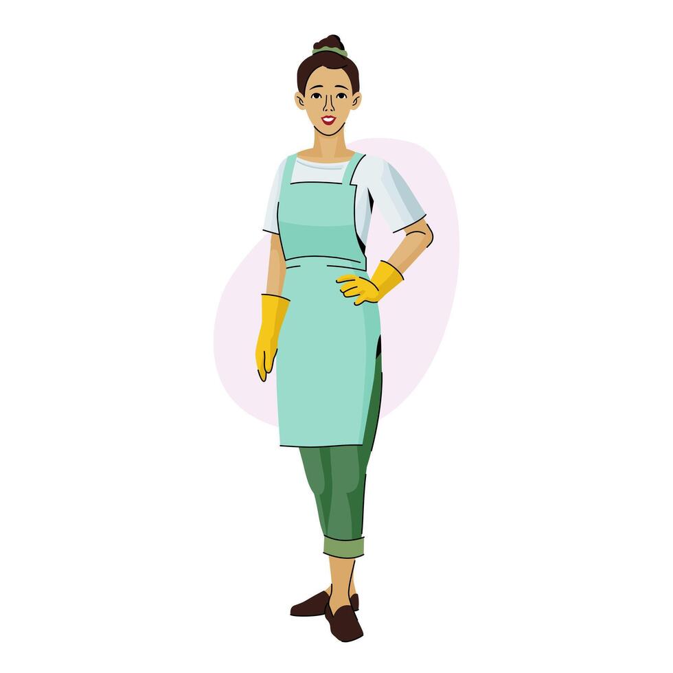 Professional cleaner flat illustration. A lady working as a housekeeper keeps the place clean and tidy. vector