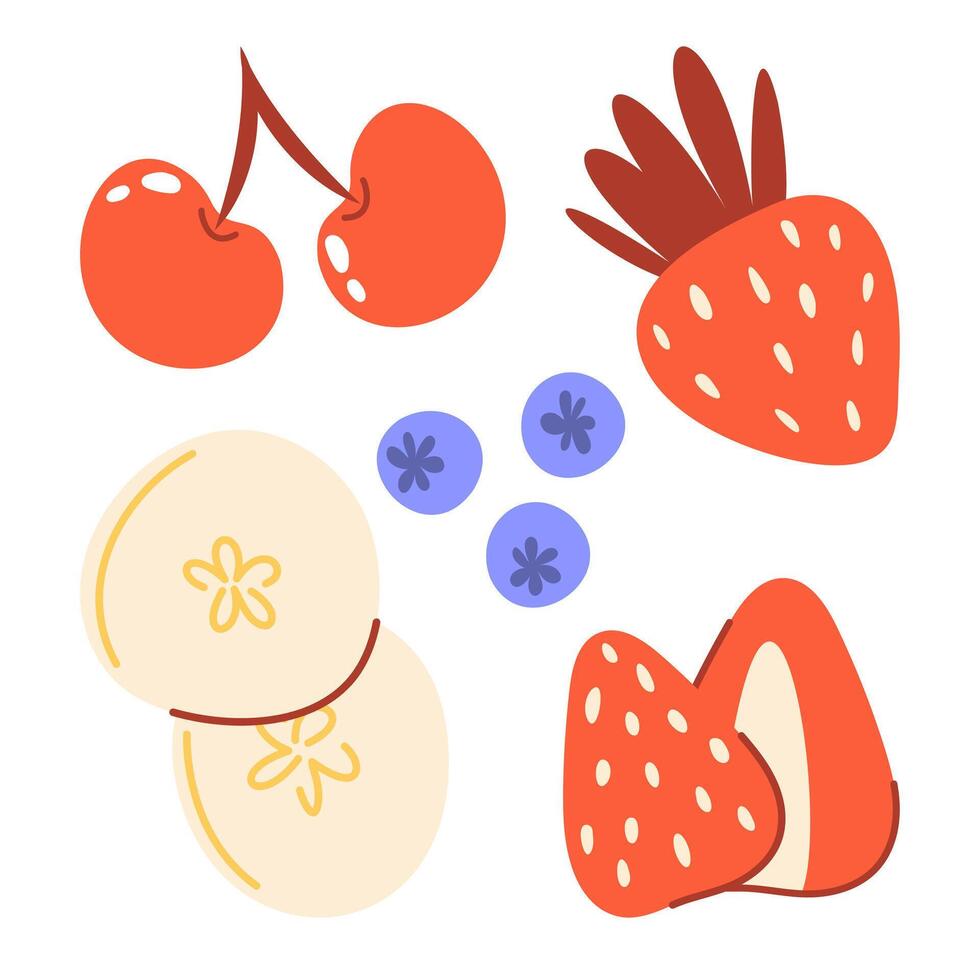 Strawberry, cherry, banana, blueberry, whole and slices fruit and berry. Illustration, flat hand drawn style. Isolated white background vector