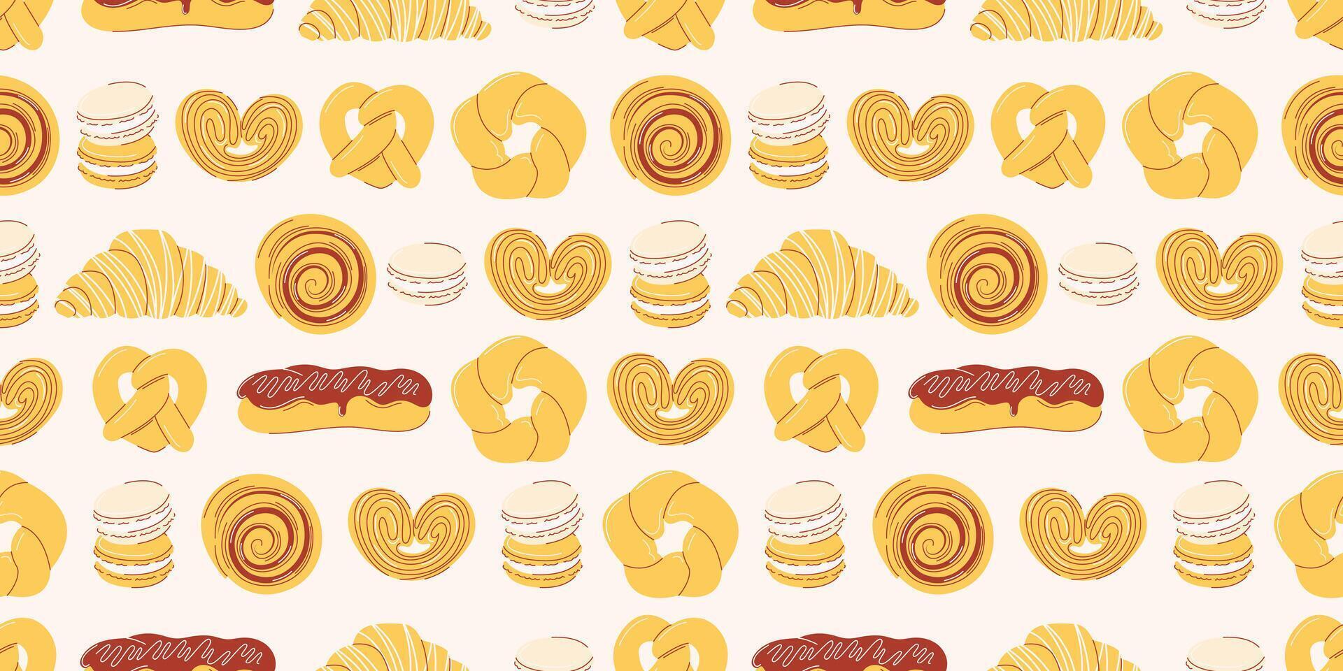 Pastries, baked food and desserts seamless pattern with macarons, eclair, croissant, bagel and pretzel, palmier cookies, cinnamon roll. Illustration, flat hand drawn style. Isolated background. vector