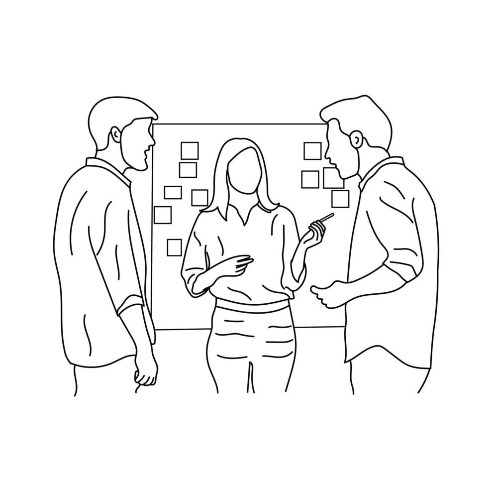 Business meeting discussion between workers in the office hand drawn Line drawing vector