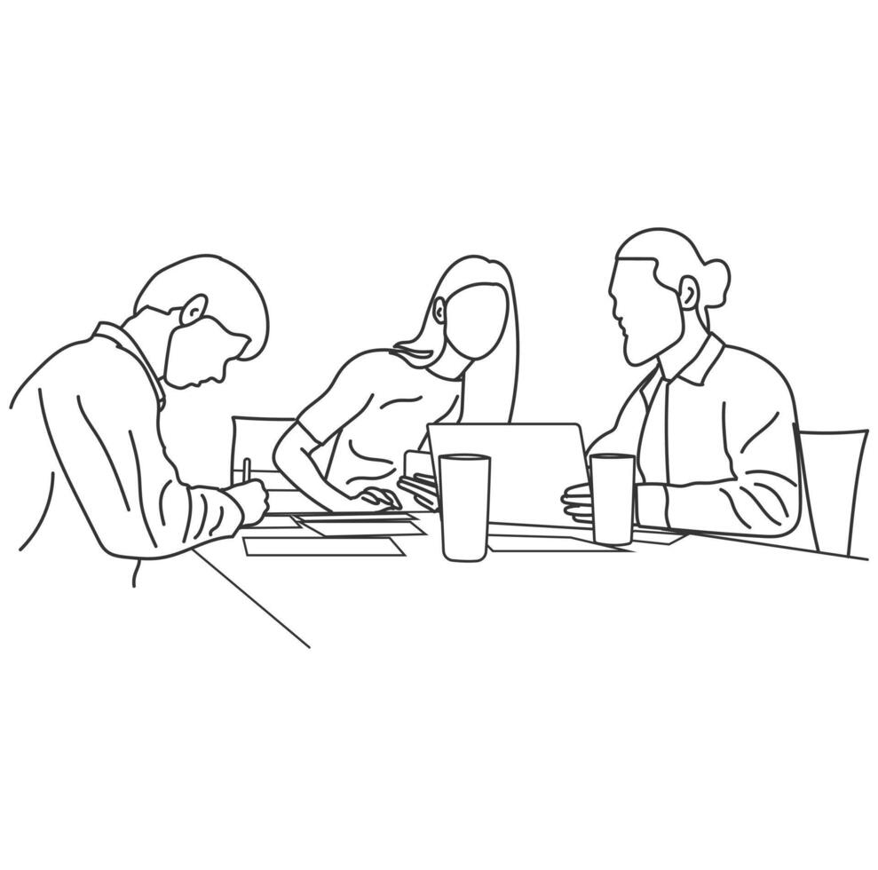 Line art of business meeting discussion between the workers concept vector