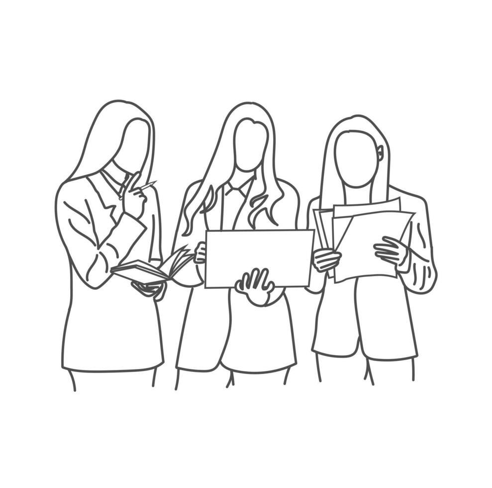 Business meeting discussion between workers in the office hand drawn one line art vector