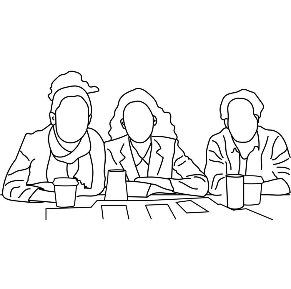 Business people meeting at table, business concept in discussion, presentation, planning, cooperation. Outline, linear, contour, thin line art Design vector