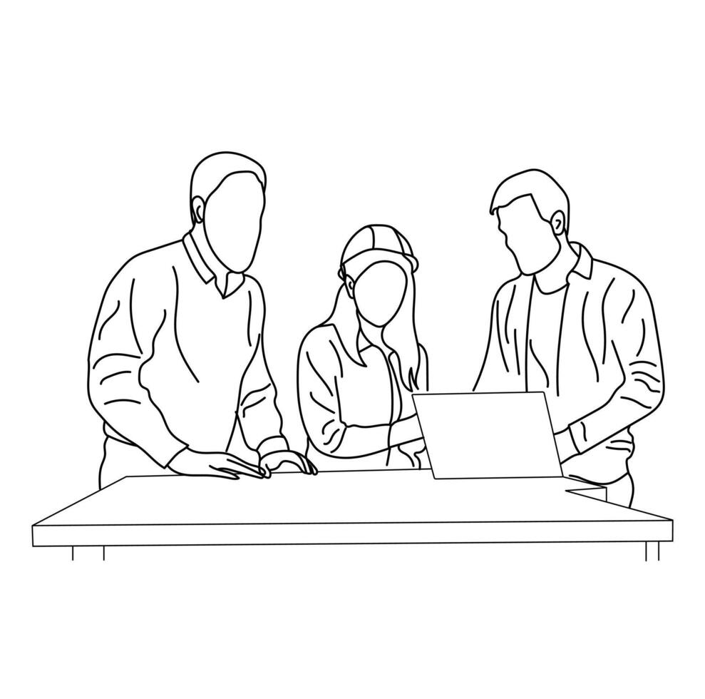 Line Art drawing of young male employee working on laptop with colleagues surrounding him vector