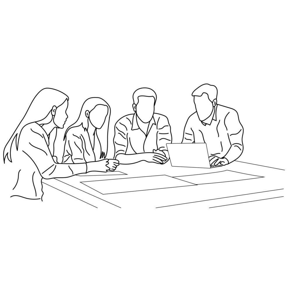 A line drawing of business professionals collaborating on a project line art design vector