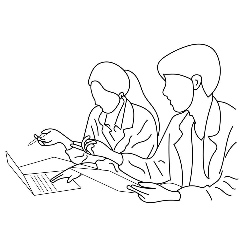 Business meeting discussion between workers in the office hand drawn vector
