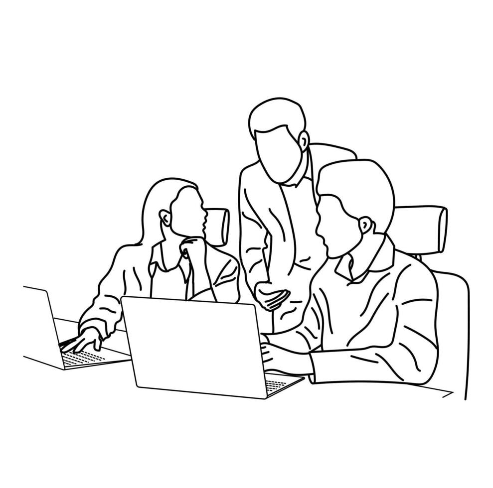 Business meeting discussion between workers in the office hand drawn Line art vector