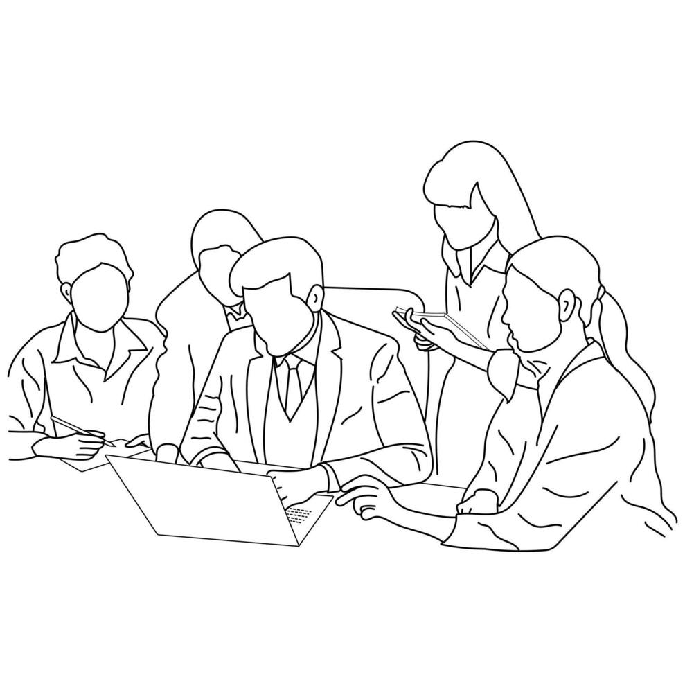 Business meeting discussion between workers in the office line art design vector