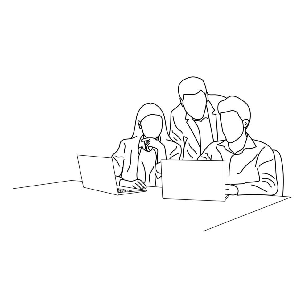 Line Art Design of young male employee working on laptop with colleagues surrounding him vector