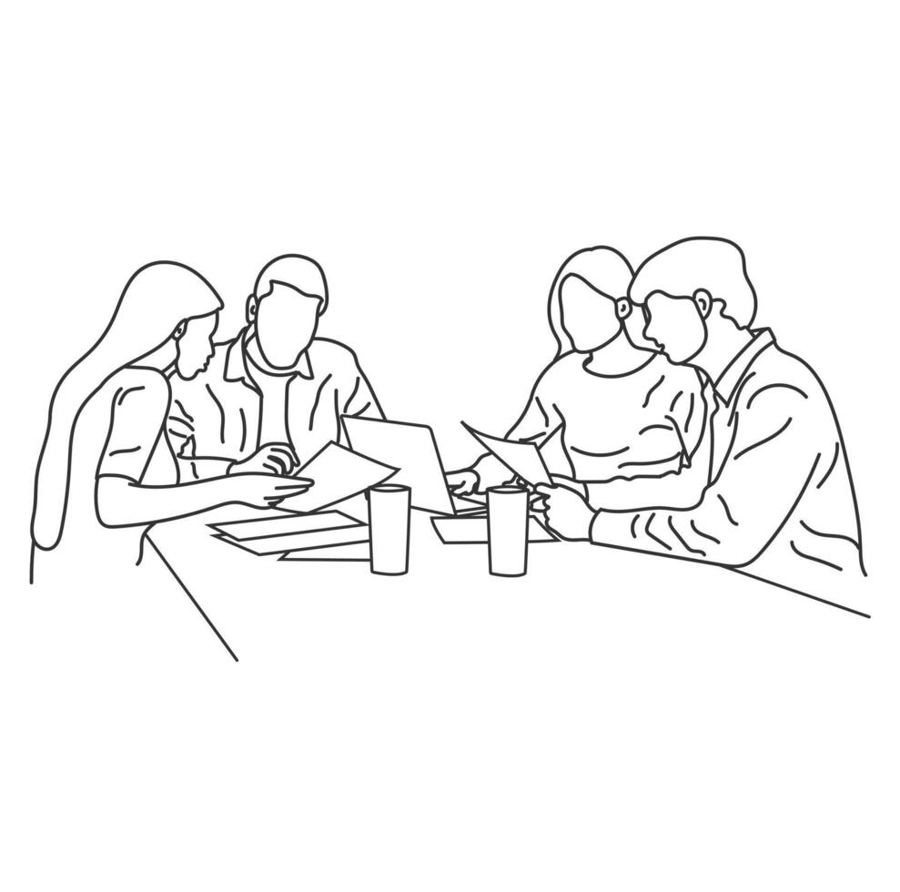 business people meeting at table, business concept in discussion, presentation, planning, cooperation. Outline, linear, contour, thin line art vector