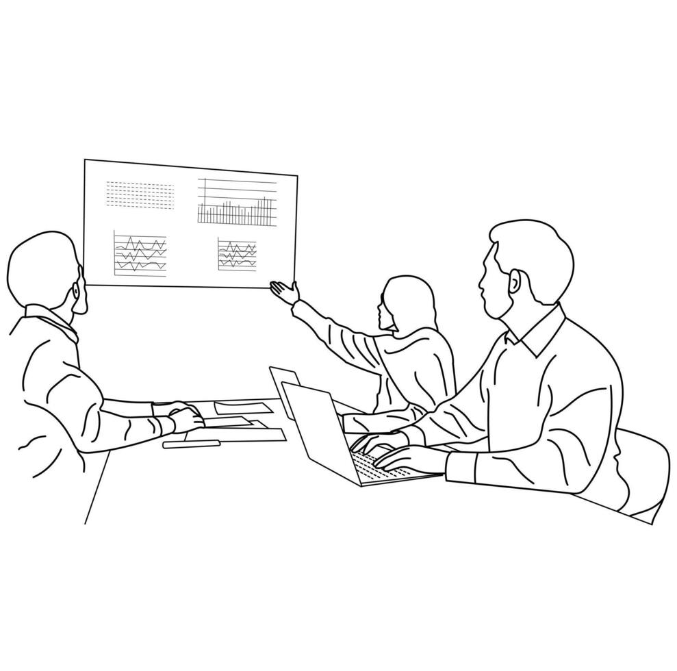 Business meeting discussion between workers in the office hand drawn illustration line art design vector