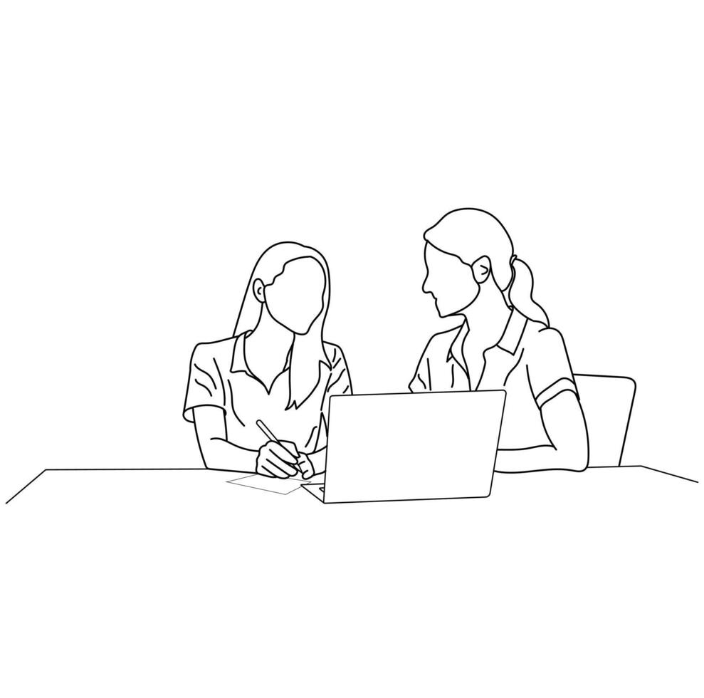 Business meeting discussion between workers in the office Line art vector
