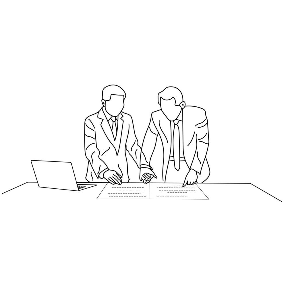 Illustration of a business team sitting and discussing a strategy in groups Line art vector