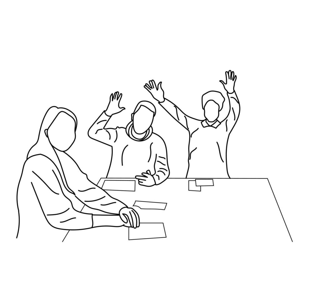 line drawing of young happy business man and business woman sitting in front of laptop and celebrating their success vector