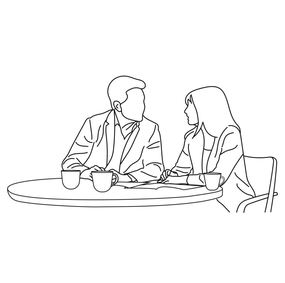 Line art of business meeting discussion between the workers vector