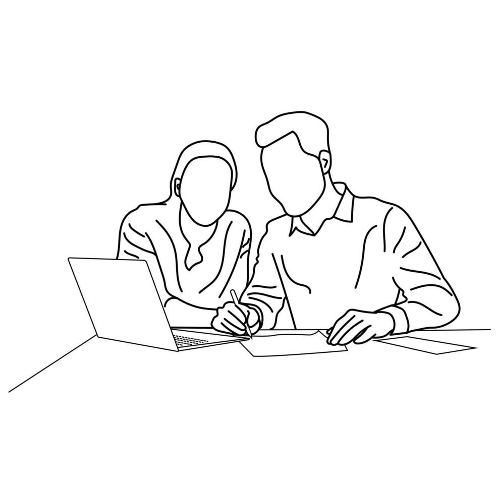 Team work Man working in the office with a woman Business conferences Line art Design vector