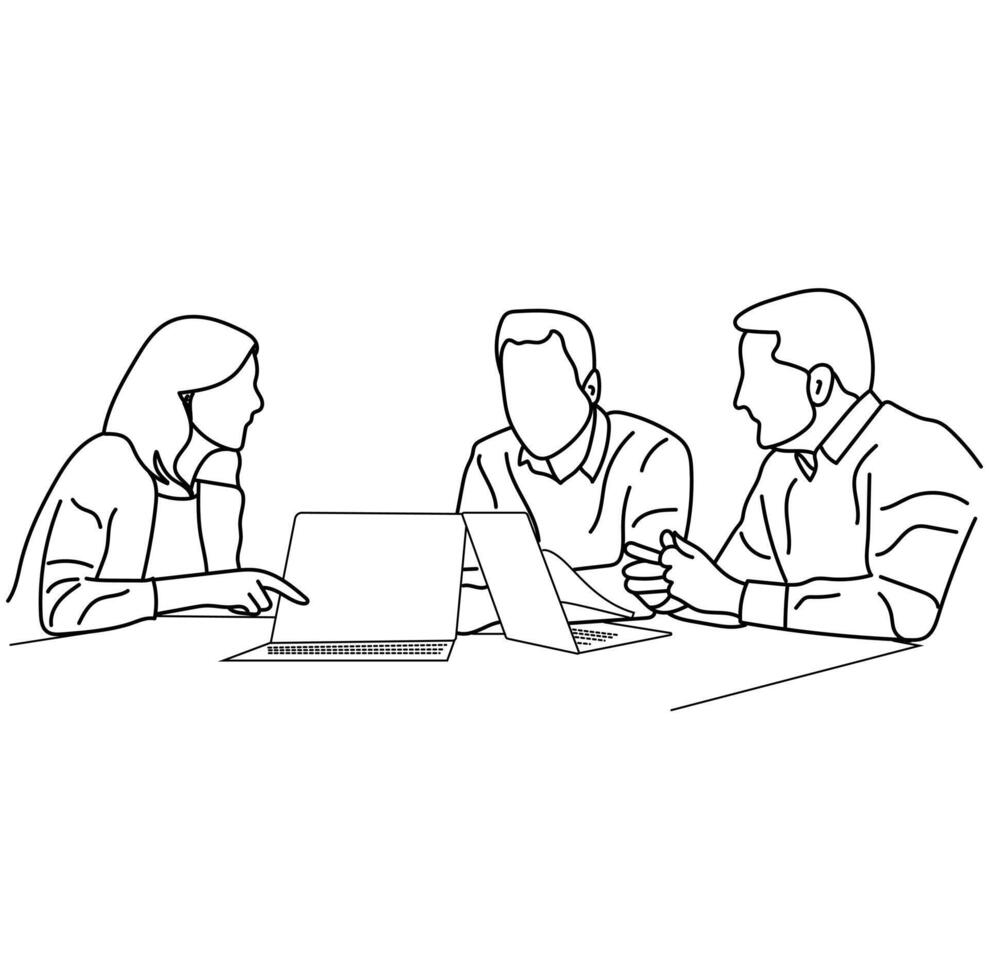 A line drawing of business professionals collaborating on a project line Art vector