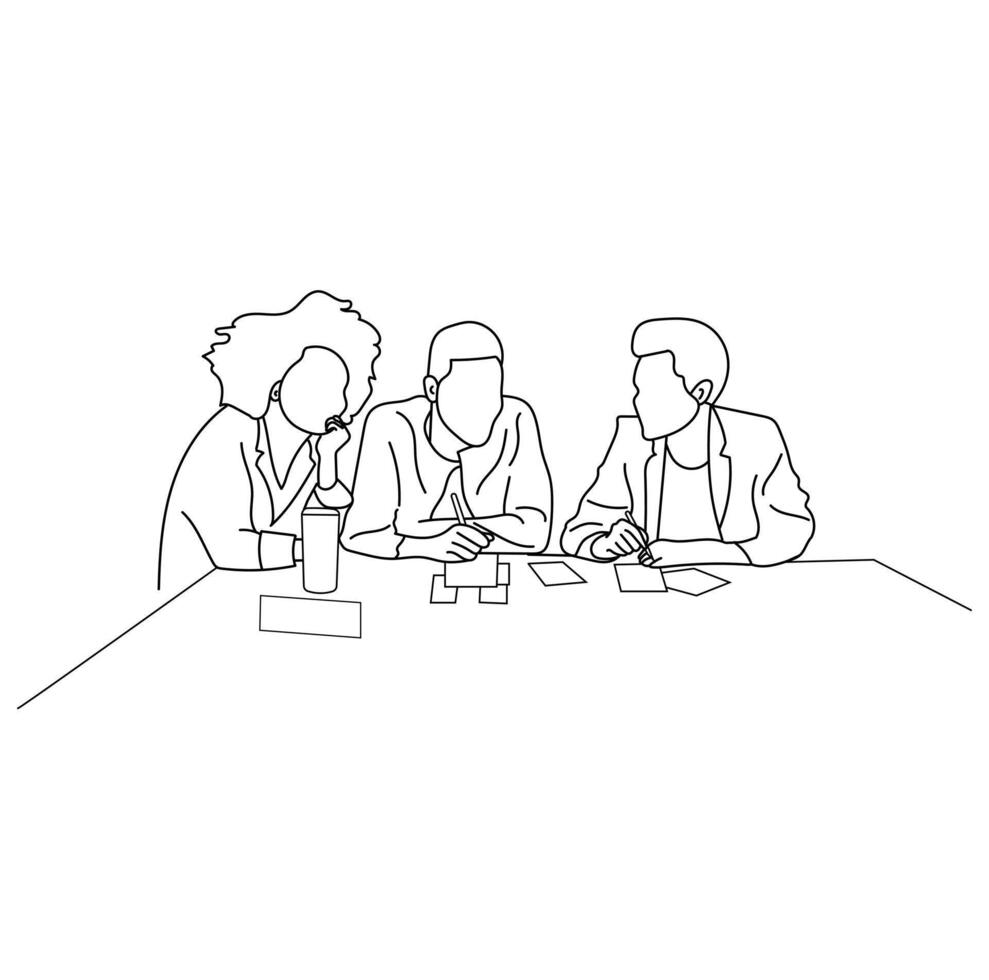 Business meeting discussion between workers in the office hand drawn line art design vector
