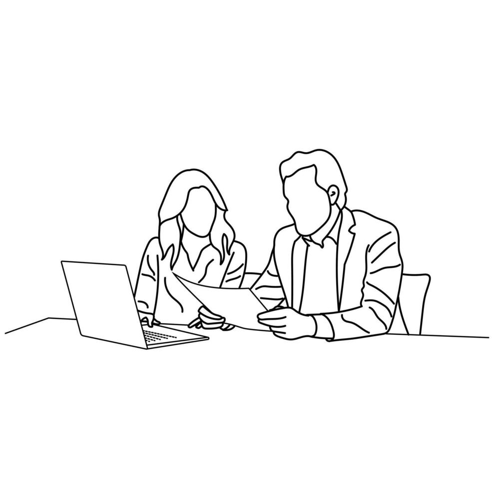 Line art of Team work Man working in the office with a woman storyboard Business conferences vector