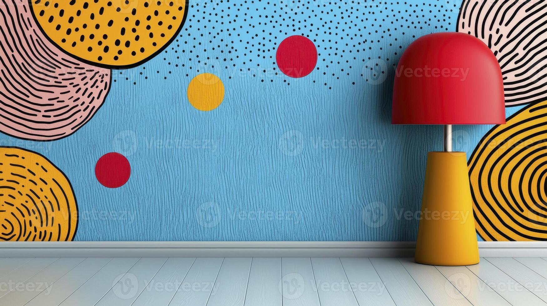 A lamp and a wall with colorful circles photo