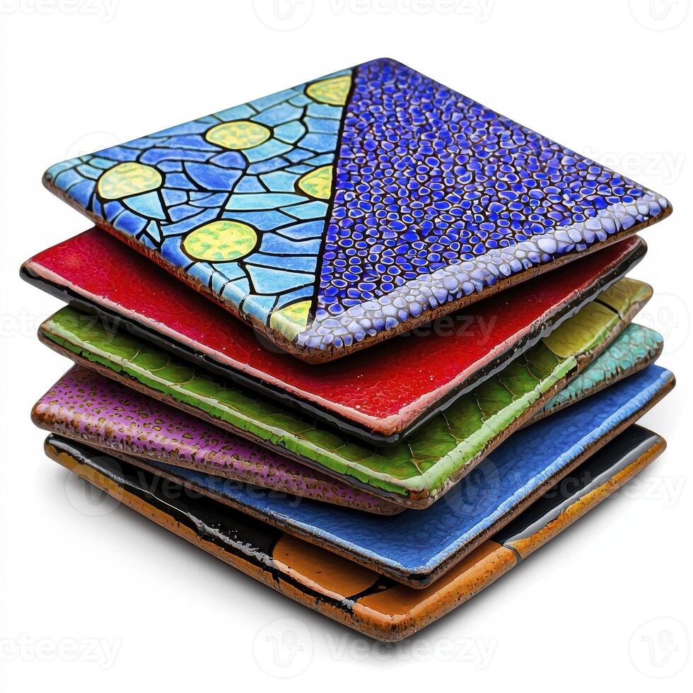 A stack of colorful ceramic coasters photo
