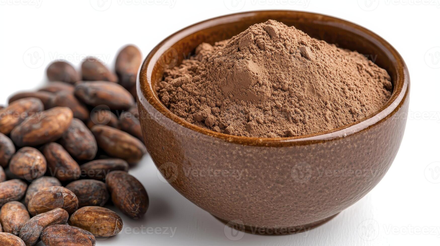 Cocoa powder in a bowl and cocoa beans photo