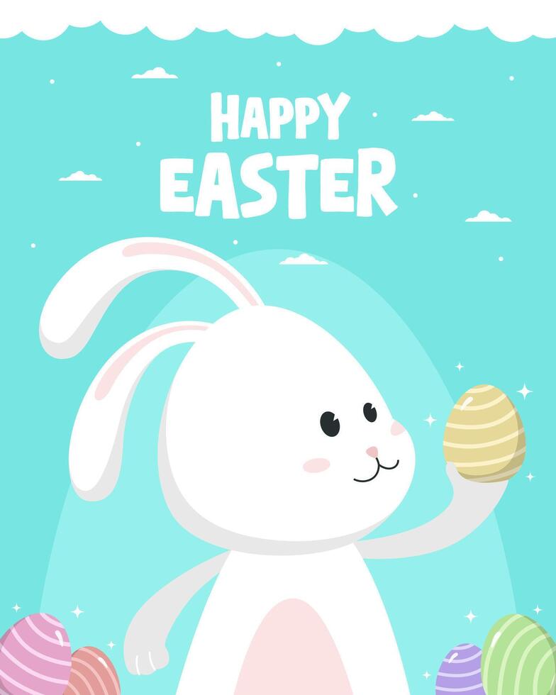 Vertical Happy Easter greeting with bunny looking at egg. Happy Easter post template with eggs and rabbit vector