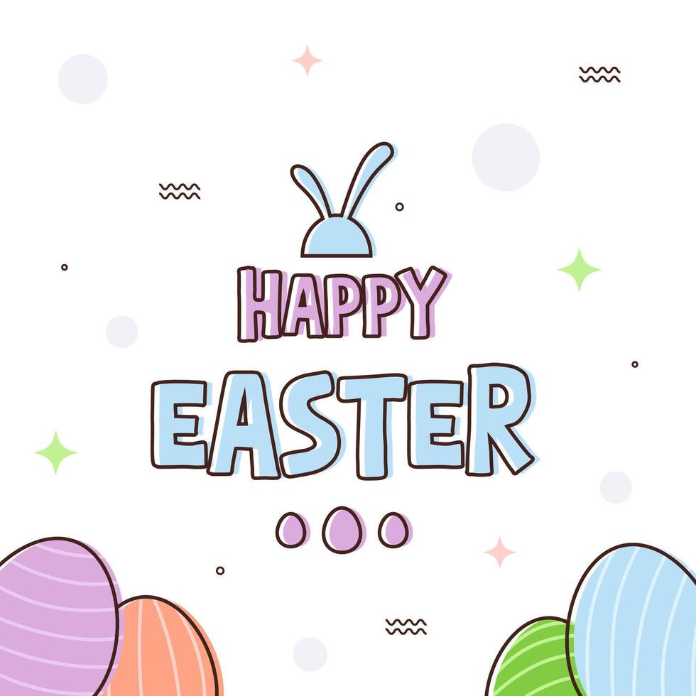 Outline Happy Easter square template on white background with colorful pastel eggs and geometry object vector