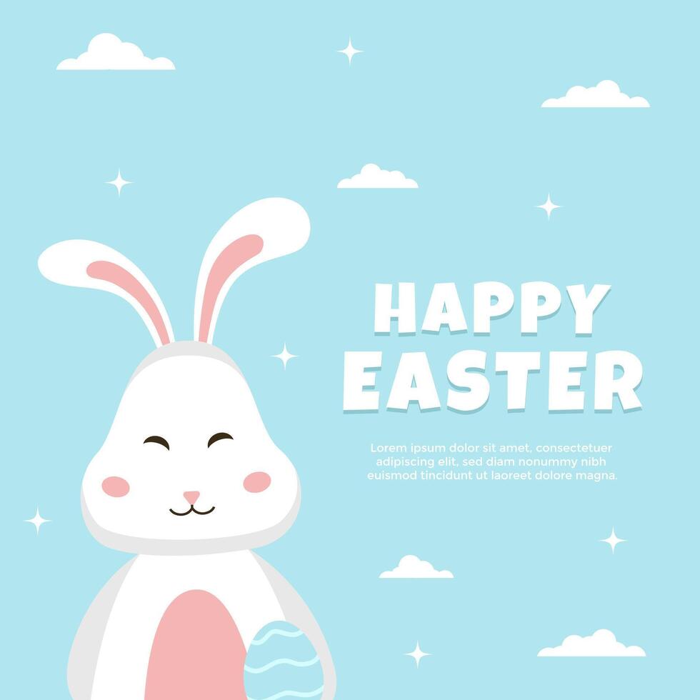 Happy Easter greeting with sitting rabbit holding egg. Easter greeting template with bunny on blue background vector