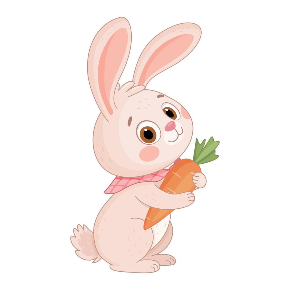 Cute Easter Bunny hugs big carrot. Hand drawn trendy flat style isolated icon. Rabbit or hare with ripe and juicy carrot, spring festive animal holiday character. illustration vector