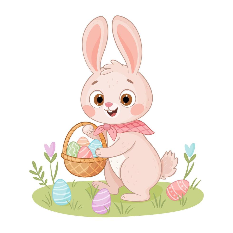 Cute Easter Bunny with a basket. Hand drawn trendy flat style isolated icon. Rabbit or hare looking for eggs in a meadow with flowers, spring festive animal holiday character. illustration vector