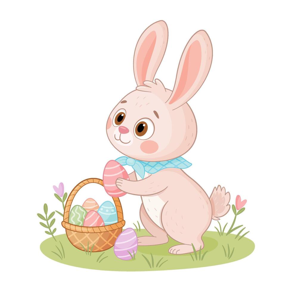 Easter bunny puts eggs in a basket. Hand drawn trendy flat style isolated icon. Rabbit or hare looking for eggs in a meadow with flowers, spring festive animal holiday character. illustration vector