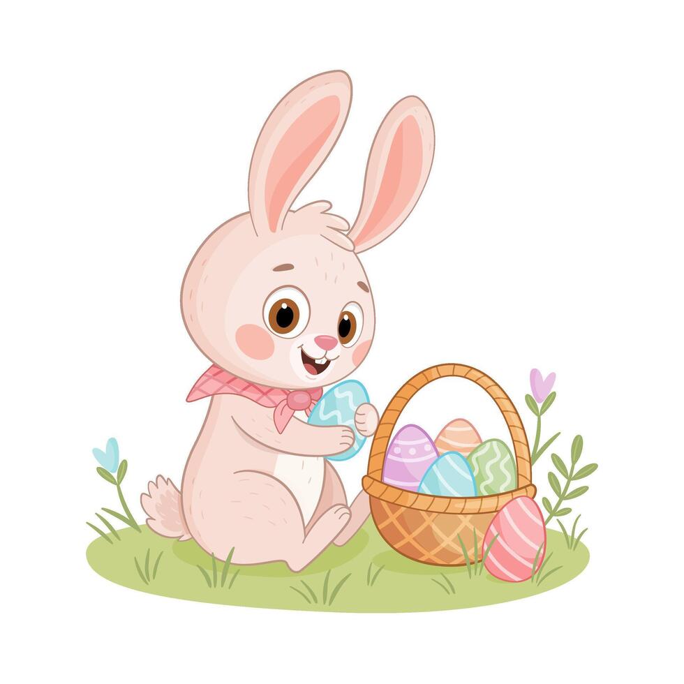 Easter bunny puts eggs in a basket. Hand drawn trendy flat style isolated icon. Rabbit or hare looking for eggs in a meadow with flowers, spring festive animal holiday character vector