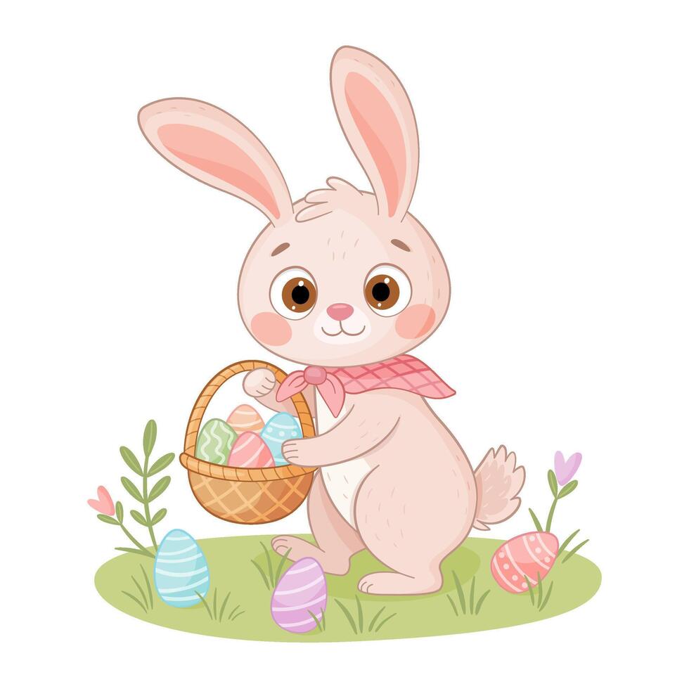 Cute Easter Bunny with a basket. Hand drawn trendy flat style isolated icon. Rabbit or hare looking for eggs in a meadow with flowers, spring festive animal holiday character vector
