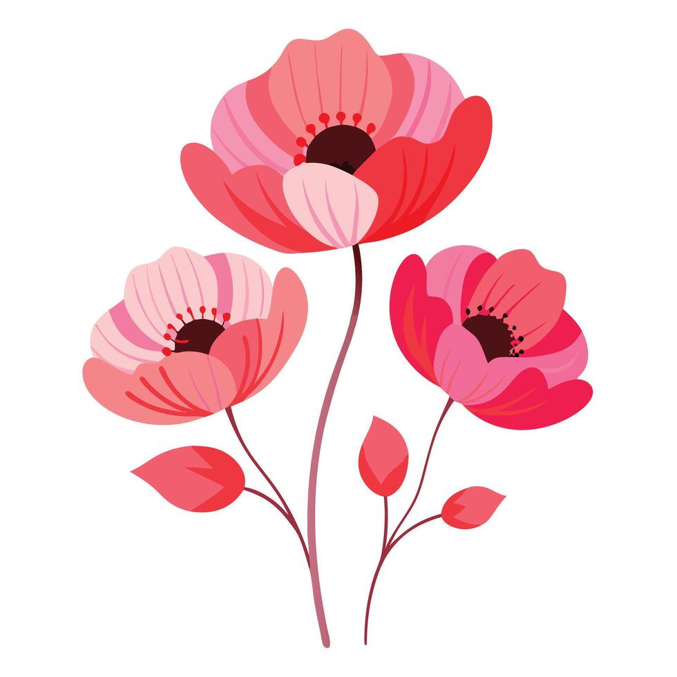 illustration of three pink flowers on a white background vector