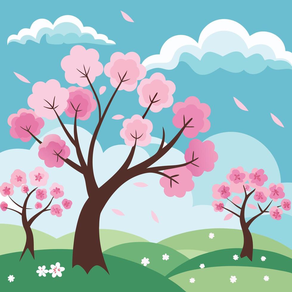 spring landscape with cherry blossoms and clouds vector