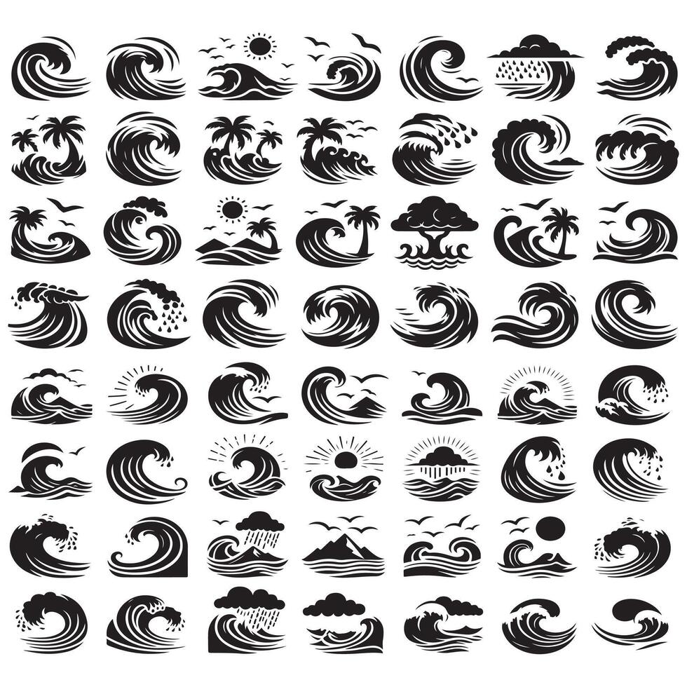 A large collection of ocean wave icons vector