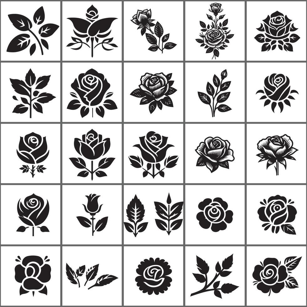 a set of black roses and leaves on a white background vector
