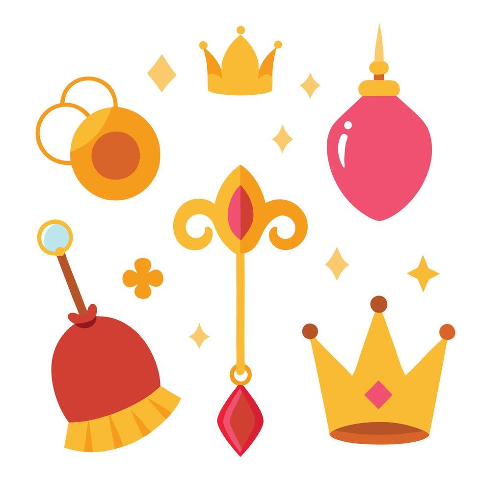 A set of different items including crowns, bells, and other items vector